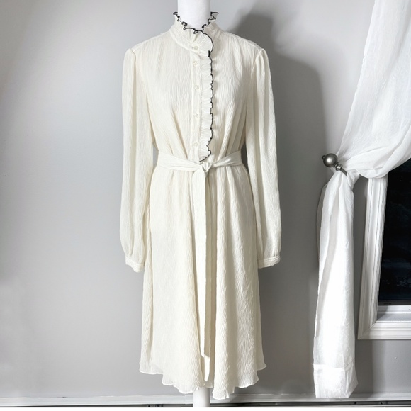 Tory Burch Dresses & Skirts - Tory Burch Dress Ivory Belted Long Sleeve Black Piping Detail Shirt Dress Sz 8